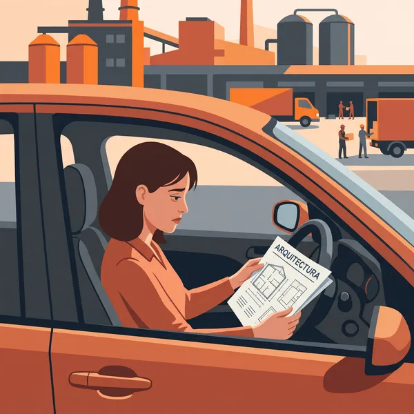 Daniela en su coche frente a la planta, con un plano de arquitectura en las manos