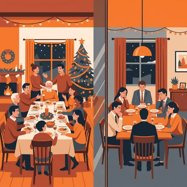 Una cena de Navidad dividida en dos mesas, una festiva y otra en silencio